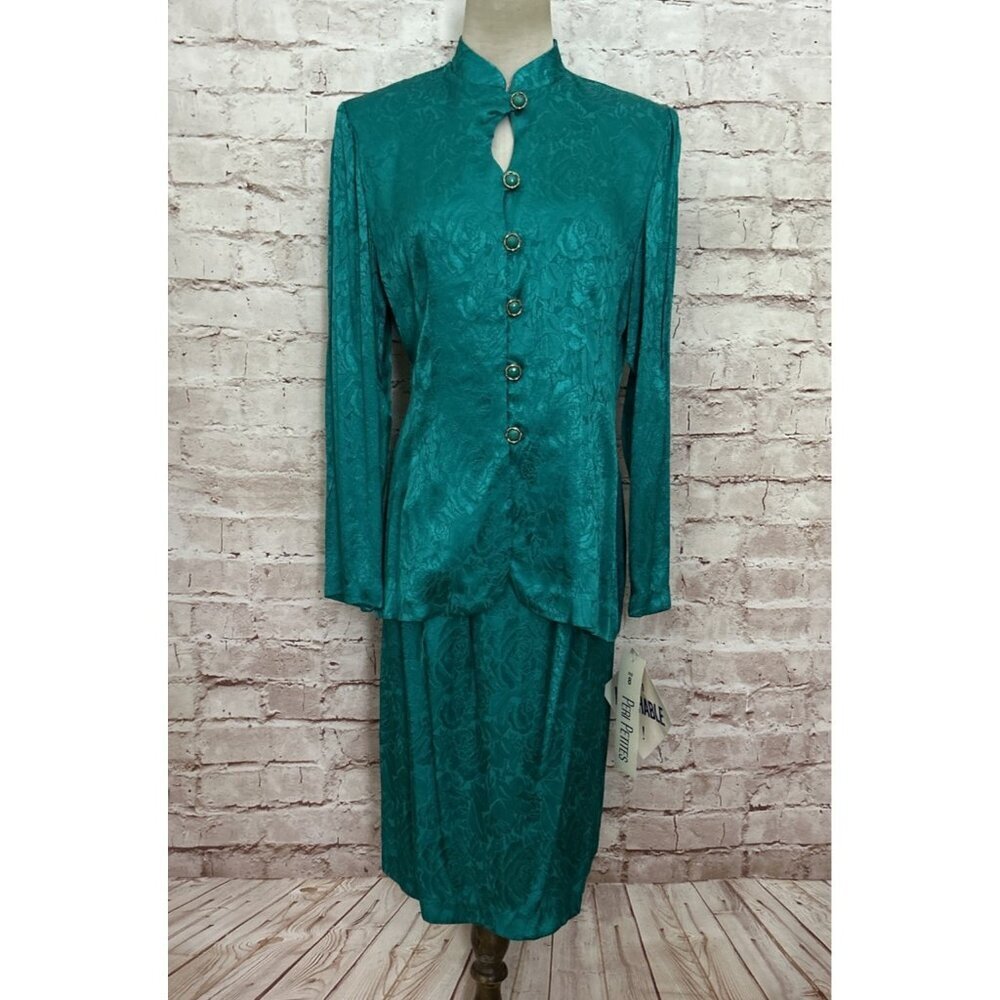 Vintage Peri Petites Jade Green 2 Pc Suit Dress - Jacket + Skirt Elegant Size 8P